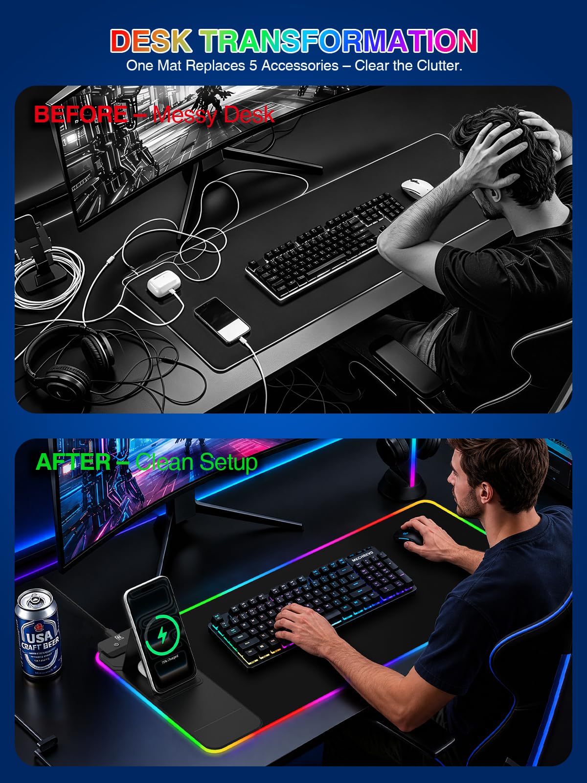 RGB Mouse Pad with Foldable Phone Stand Wireless Charger, 31.5"x11.8" XL Gaming Mousepad Large Desk