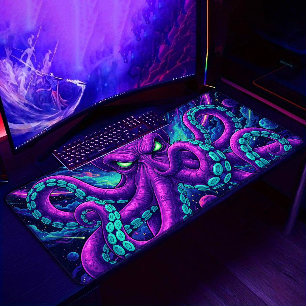 SparkLia Blacklight Octopus Mouse Pad – UV Reactive Neon Tentacle Galaxy Desk Mat, Glow in The Dark