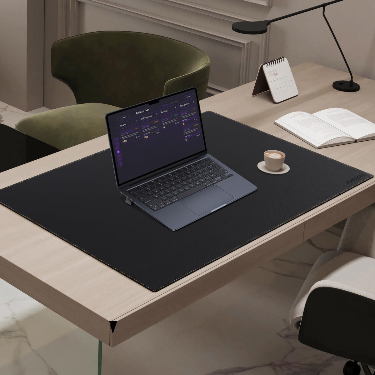 MAIDERN Cork & Leather Desk Mat, 31.5” x 24” Large Desk Pad (Black)