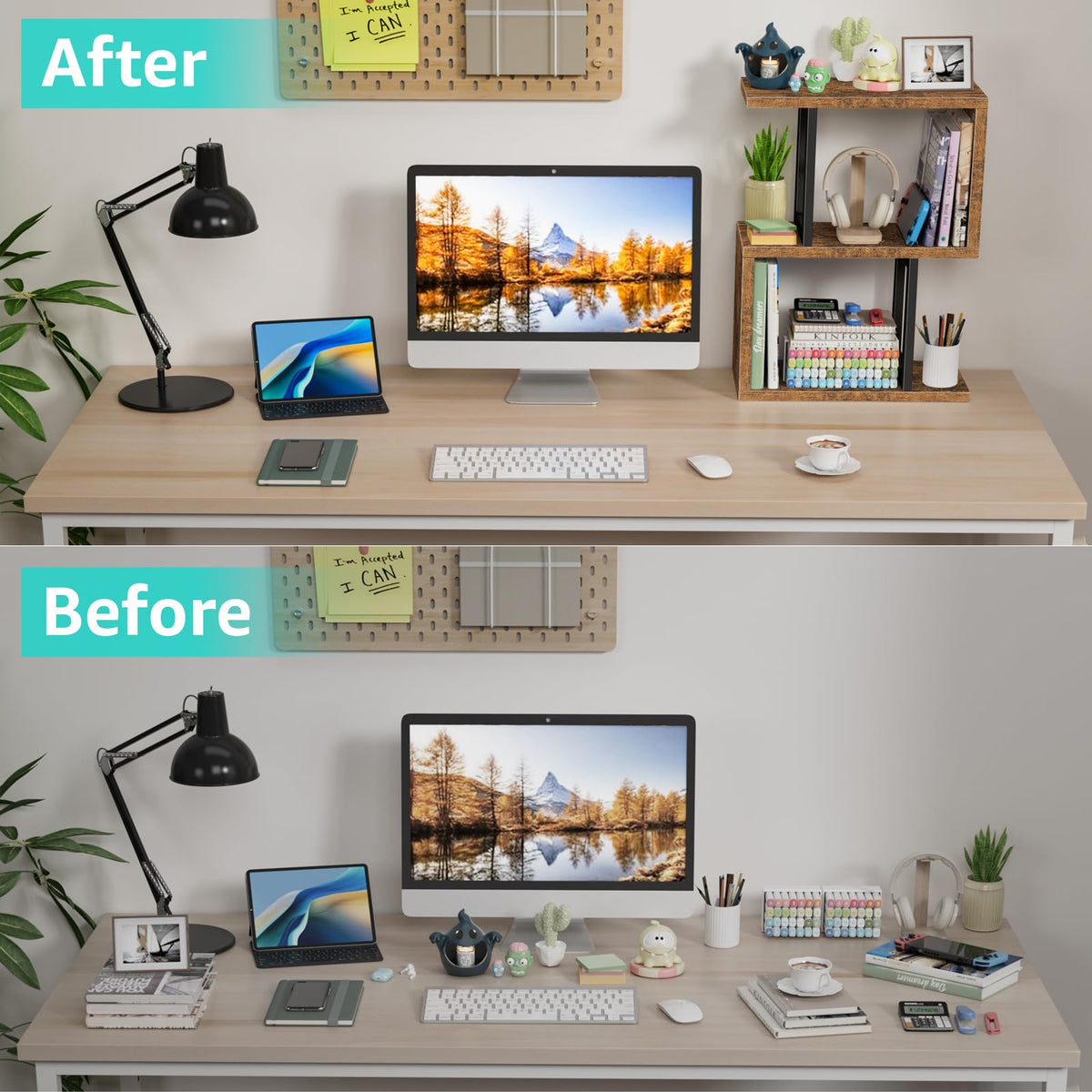 IGERI Desktop Bookshelf for Top of Desk Shelf - Brown Book Organizer 3-Tier Shelves Storage Small