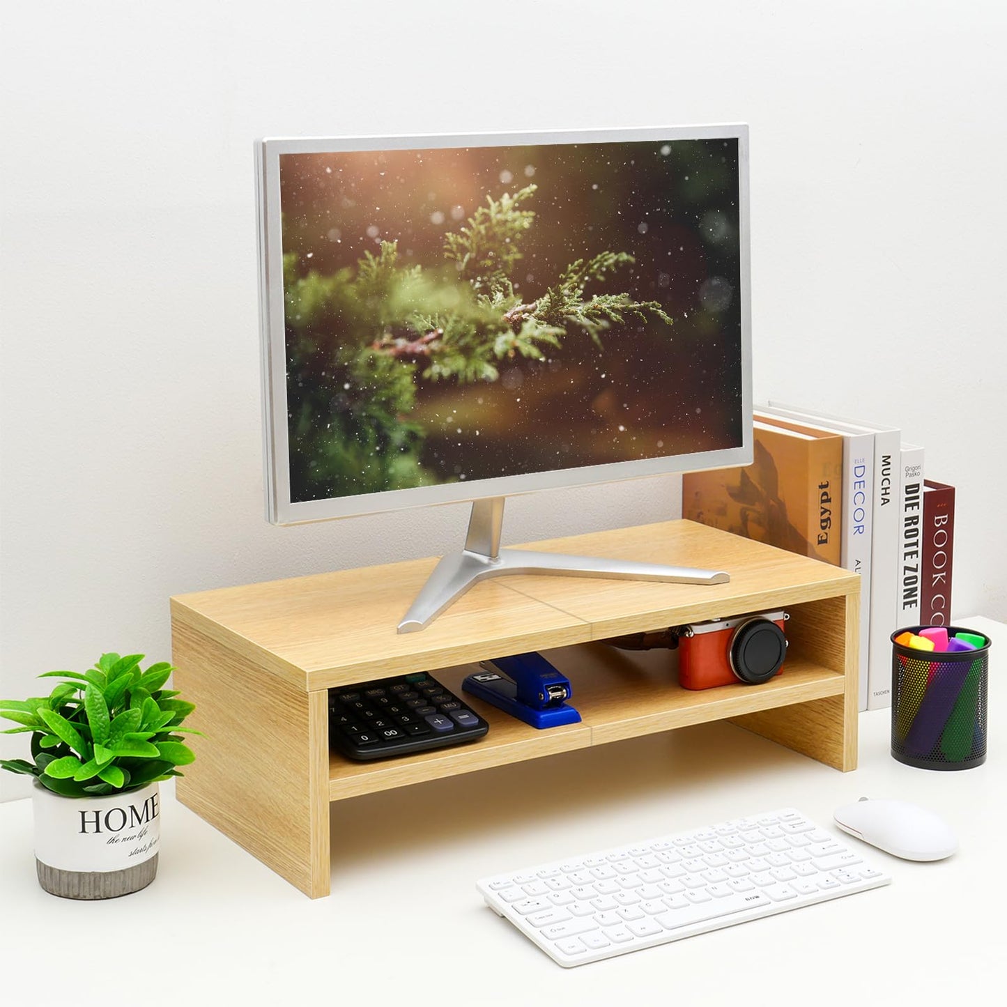 TEAMIX 20 inch Monitor Riser Stand - 2 Tiers, Wood Desktop Bookshelf, Maple