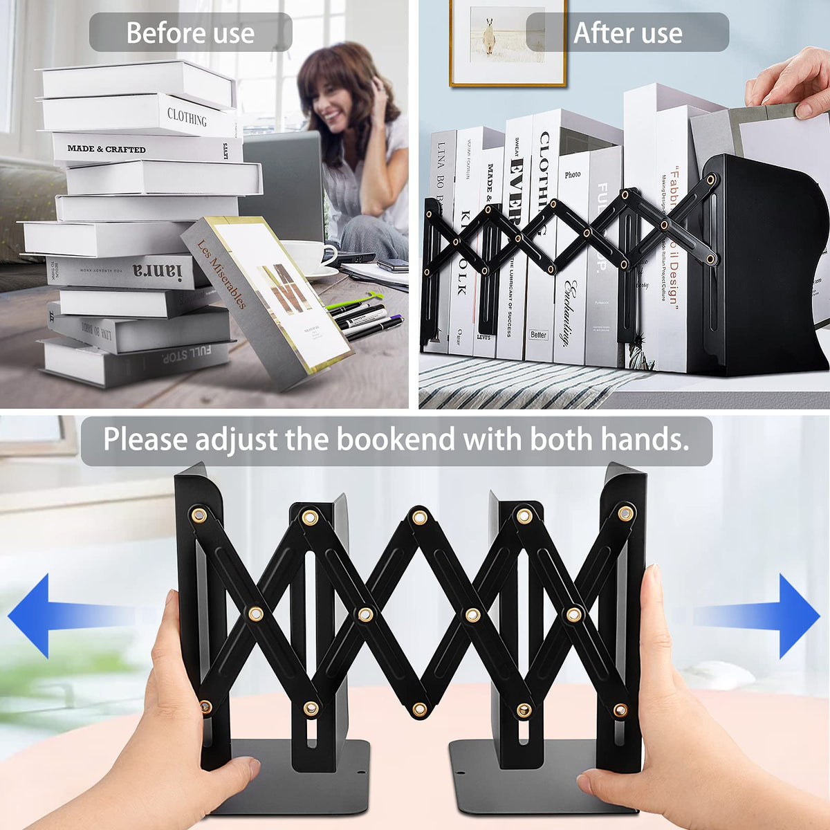 Non Skid Book Ends to Hold Books, Carooyac Metal Adjustable Book Ends Decorative Bookends for Home