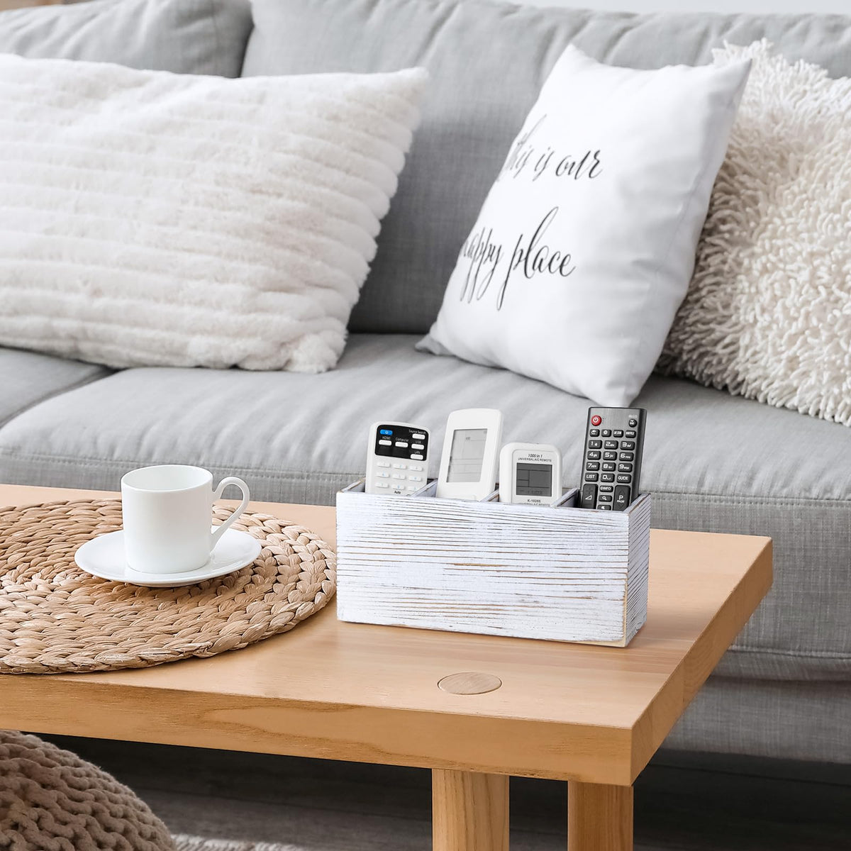 Pencil Pen Holder for Desk, White Washed Wood Office Desk Organizers and Accessories with 4 Slots