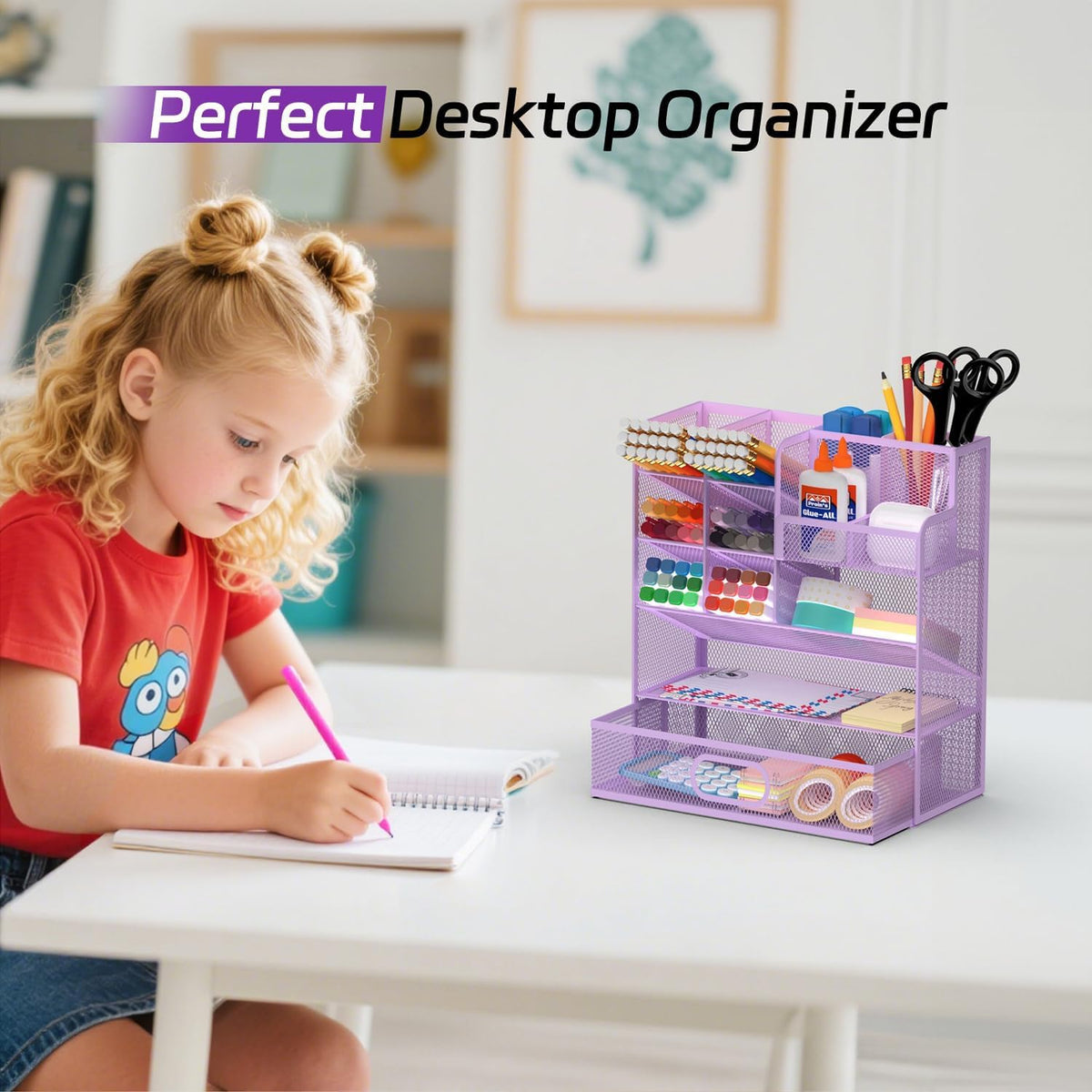 ReePlan Mesh Pen Organizer for Desk, 13 Compartments with Drawer， Purple