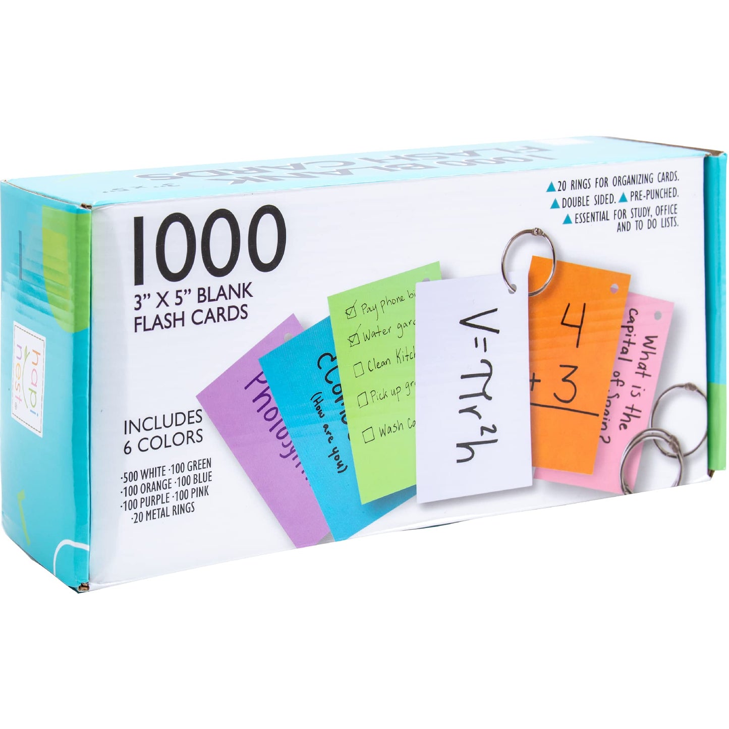 Hapinest 1000 Blank Flash Cards Colored Index Cards 3x5 w/20 Binder Rings, Unruled Unlined Index