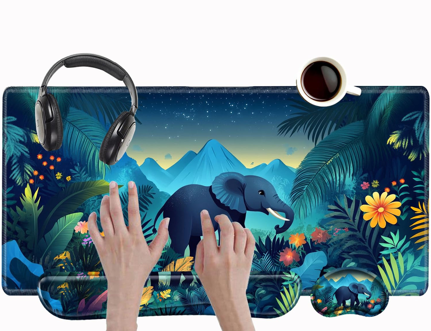 Elephant Mouse Pad and Keyboard Wrist Rest Animal Desk Mat Set Gaming Mousepad with Wrist Support