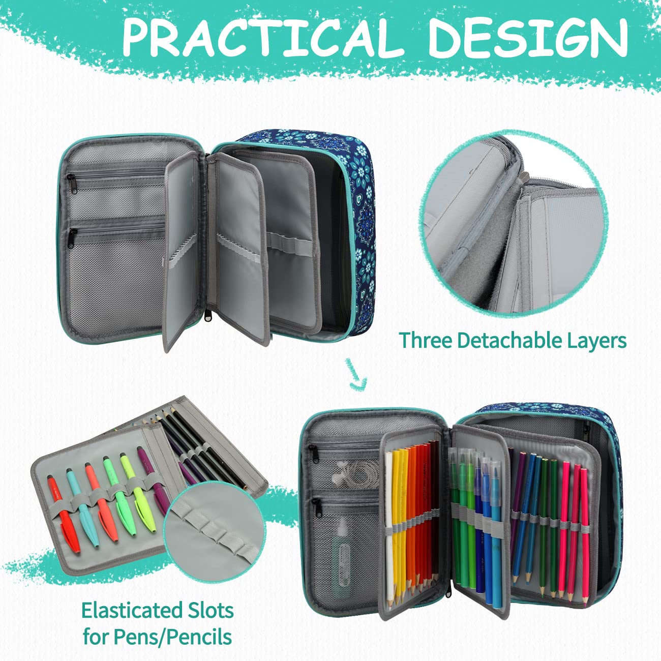 VASCHY Large Pencil Case Bag, Art Supply Marker Organizer Big Pen Pouch with 3 Detachable Layers