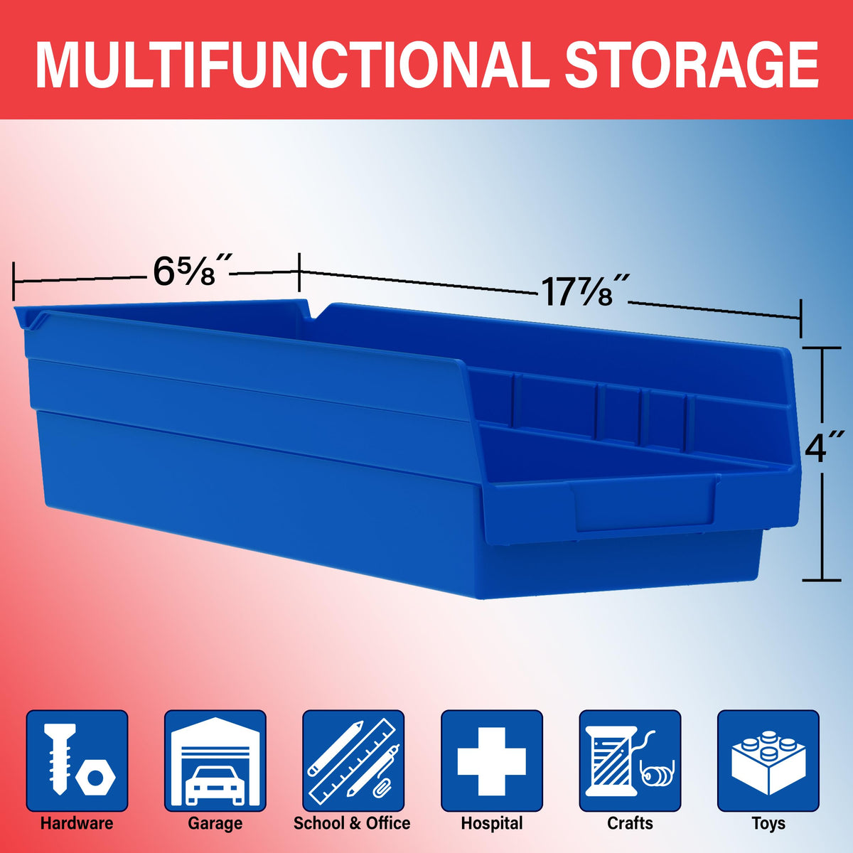 Akro-Mils 30138 Heavy Duty Plastic Shelf Bins, 18"x 6.5"x 4", Red, 12-Pk