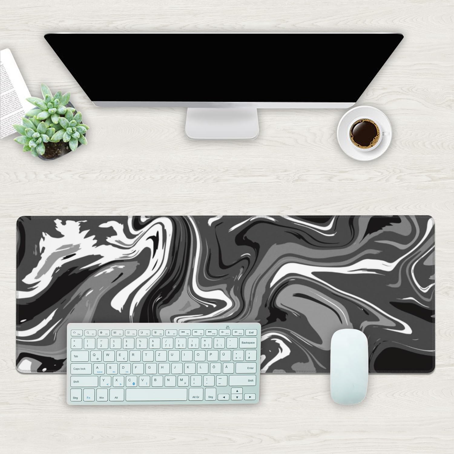 Desk Mat, Abstract Black White Ink Liquid Waves Extended Gaming Mouse Pad Large, 31.5"x11.8" Big