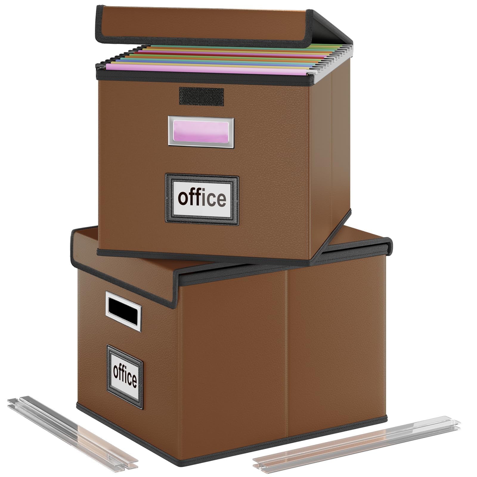 Huolewa Foldable File Organizer Box with Lids (2 Pack, Brown, Leather)
