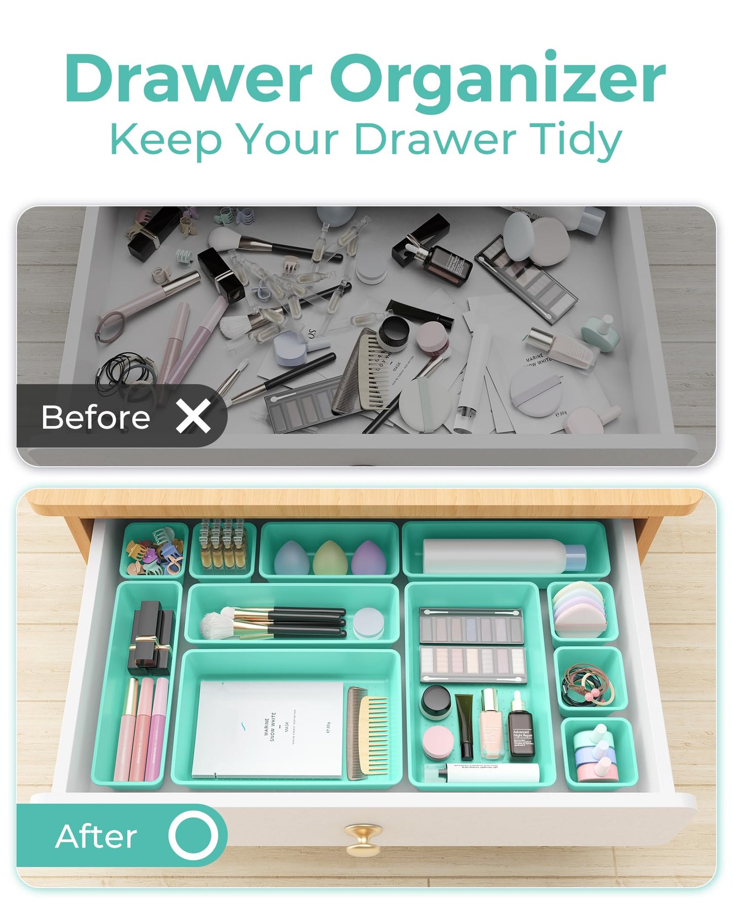 BiuLeon 25 PCS Plastic Drawer Organizers Set, 4-Sizes Vanity and Makeup Organizer, Desk and