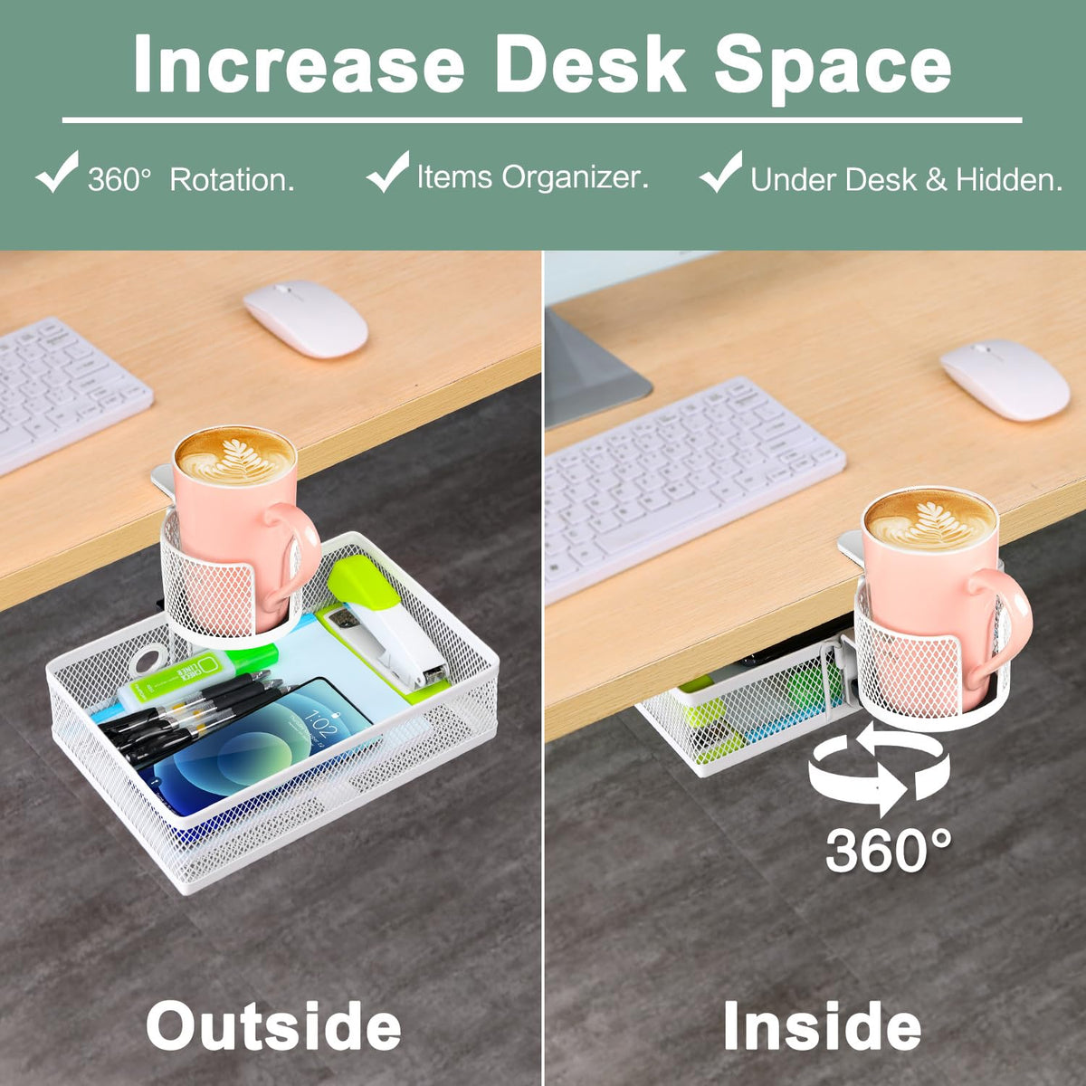 ROSYLINE Rotary Under Desk Storage Organizer with Cup Holder & Drawer Tray