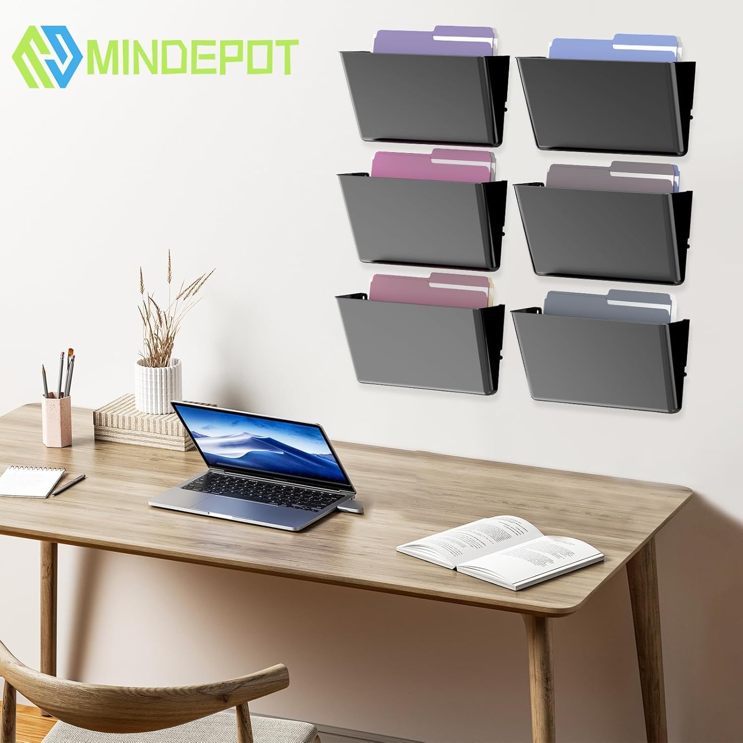 MINDEPOT 5 Pockets Acrylic Wall File Organizer, Wall File Holder Black