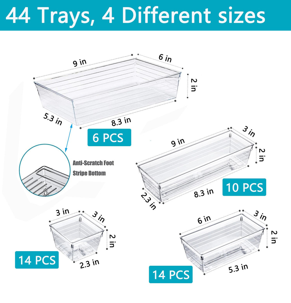 DCA 44 PCS Clear Drawer Organizer Set, 4 Sizes Vanity Trays