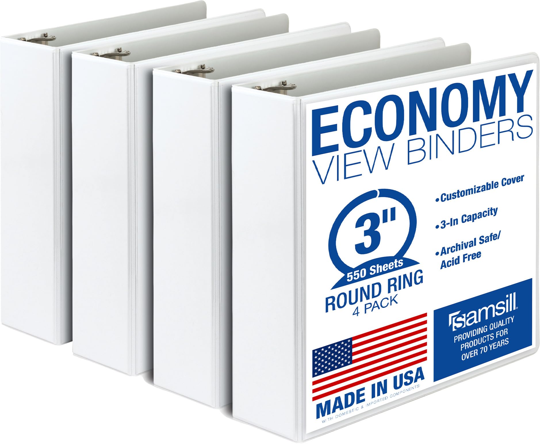 Samsill 3 Inch 3 Ring Binders, Economy Round Ring, Clear View Cover, 550 Sheet Capacity - for