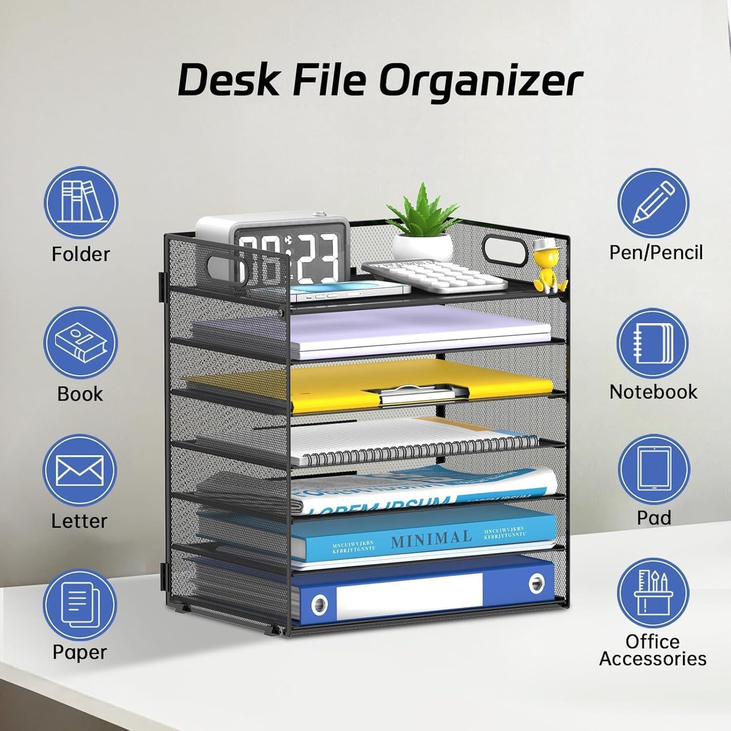 7 Tier Paper Organizer for Desk with Mesh Letter Trays and Handle 2 Pack