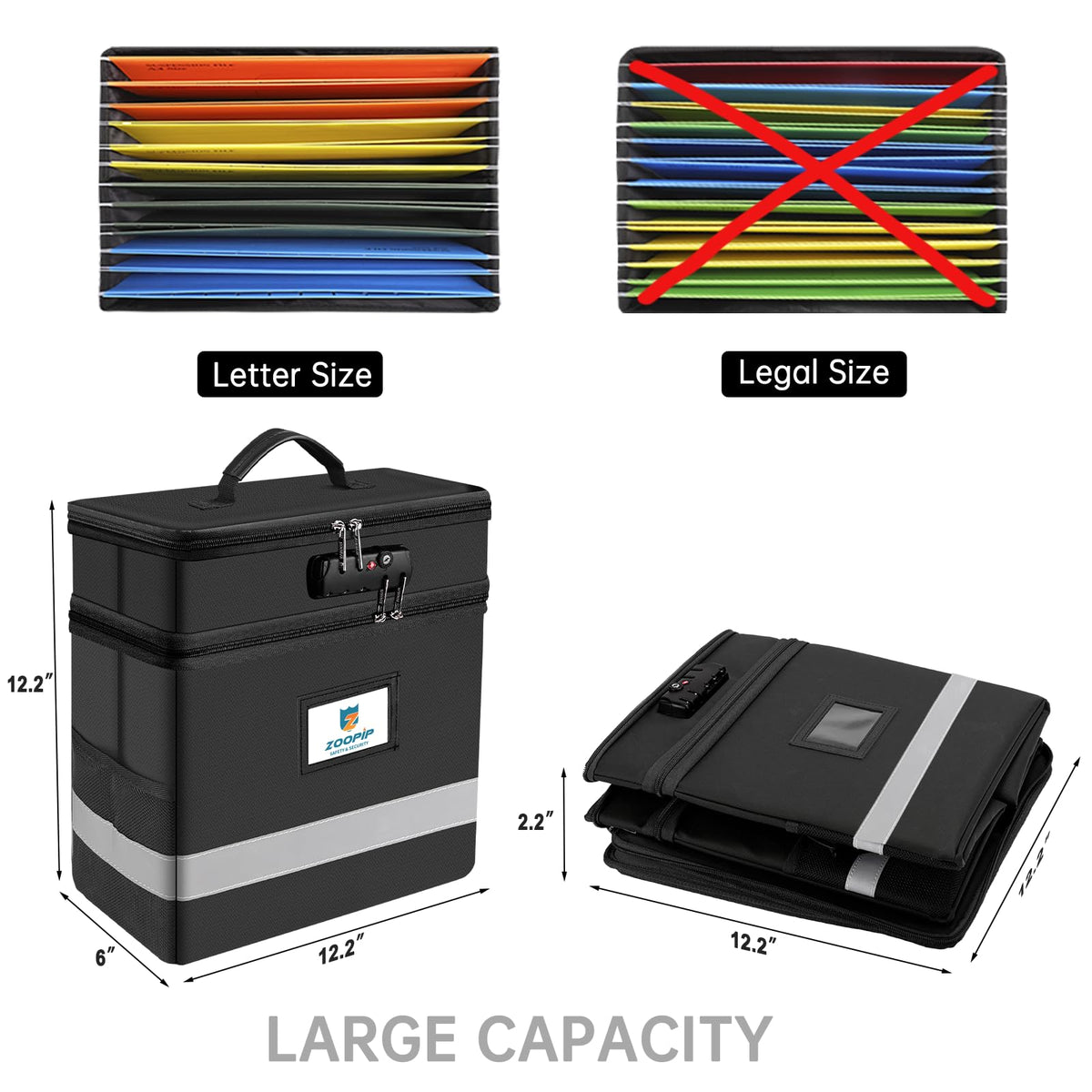 ZOOPIP Fireproof File Box with Lock, 2 Layer Document Organizer, Black