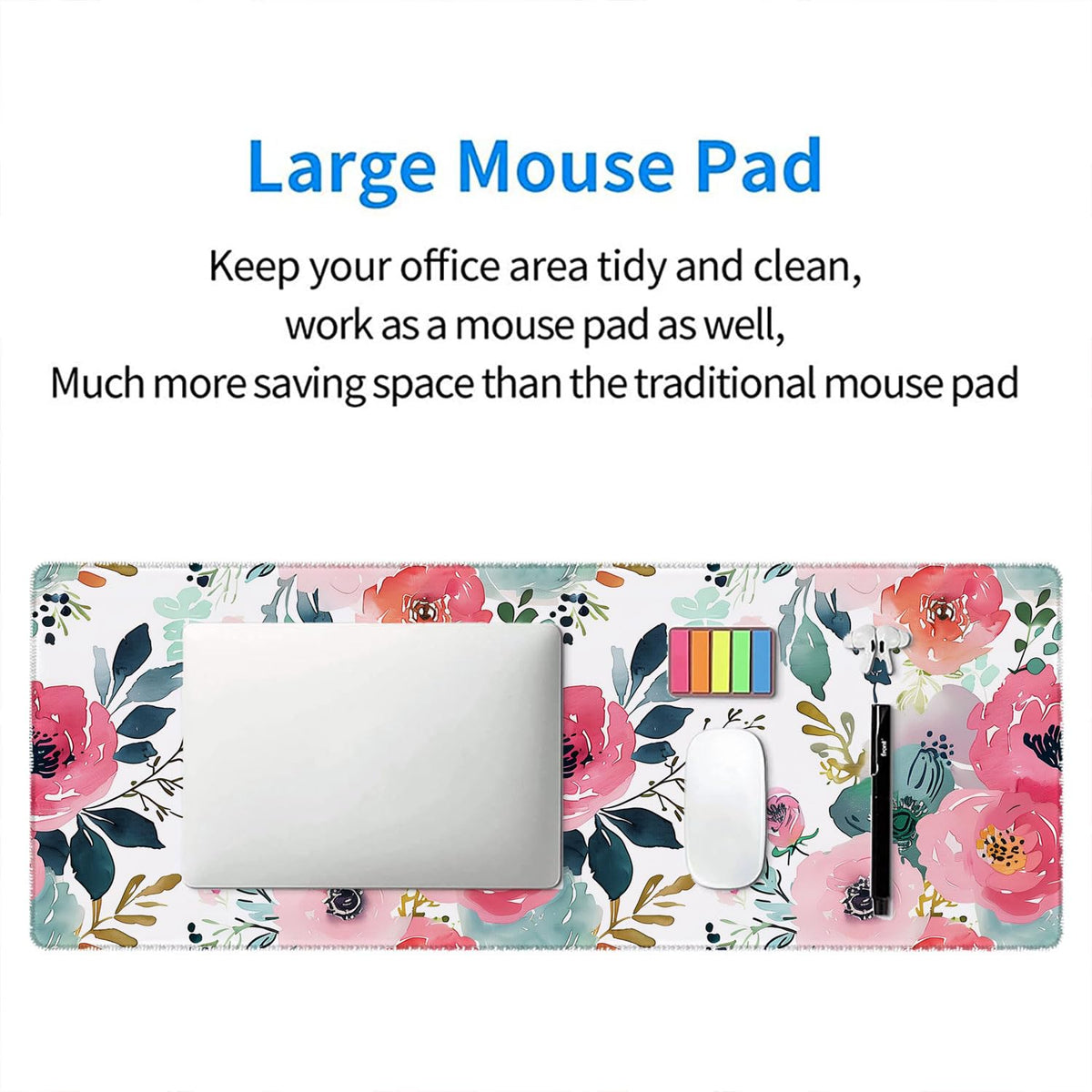 Pink Floral Gaming Mouse Pad Watercolor Flower Plant Large Gaming Mouse Mat with Stitched