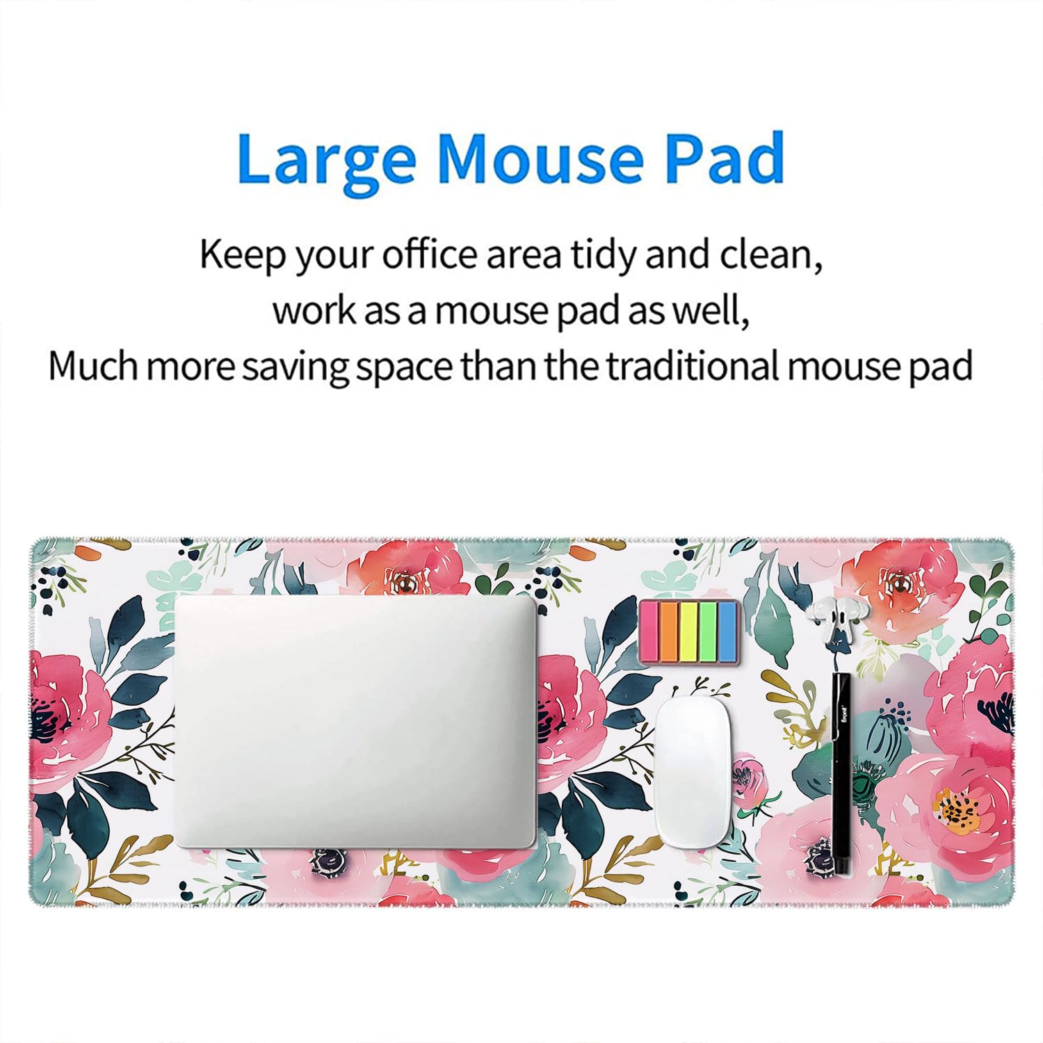 Pink Floral Gaming Mouse Pad Watercolor Flower Plant Large Gaming Mouse Mat with Stitched