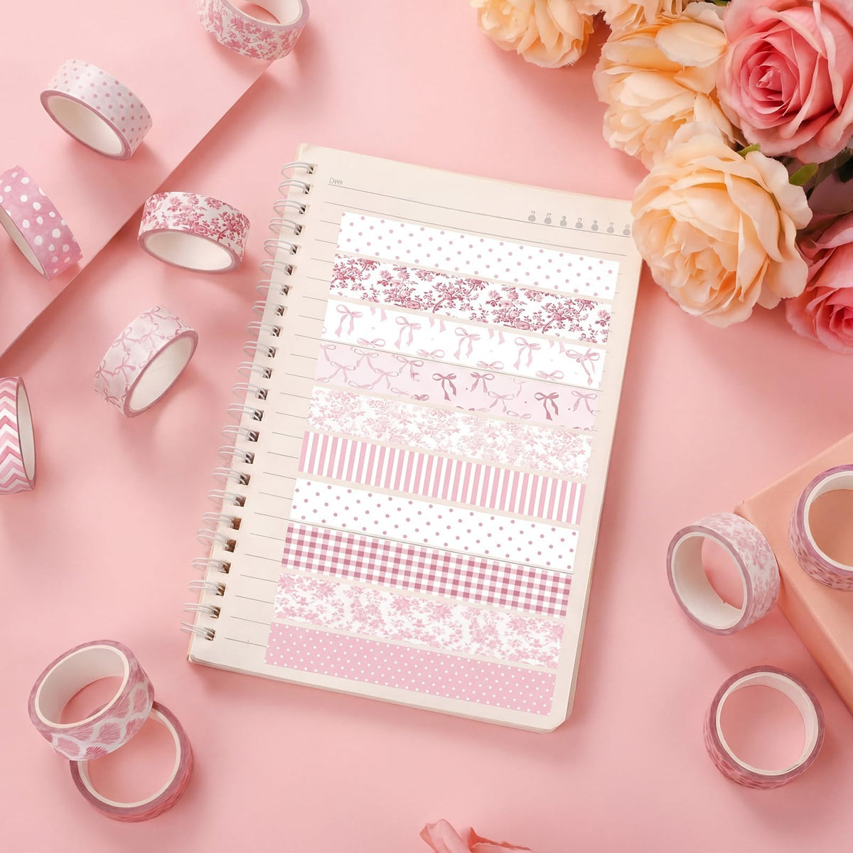 YooNotee 12 Rolls Floral Washi Tape Set,Pink,Bows and Polka Dots