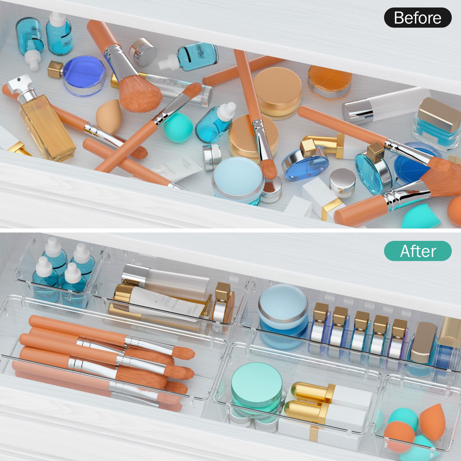 9 Pack Clear Drawer Organizer Set, Drawer Storage Trays, Storage Bins