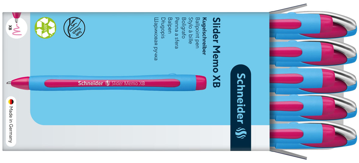 Schneider Slider Memo XB (Extra Broad) Ballpoint Pen, 1.4 mm, Light Blue Barrel, Pink Ink, Box of