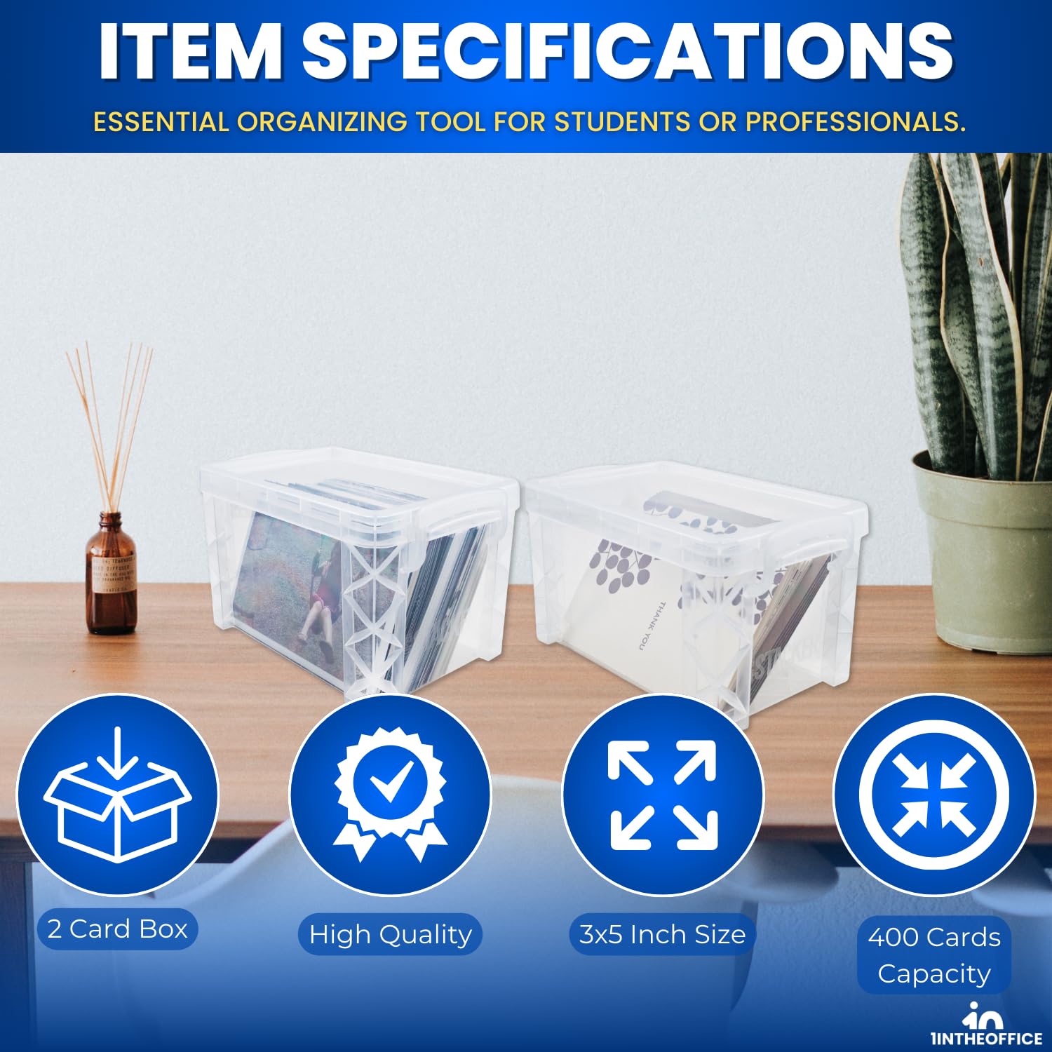 1InTheOffice Index Card Box 3x5 Index Card Holder 400 Capacity (2 Pack)