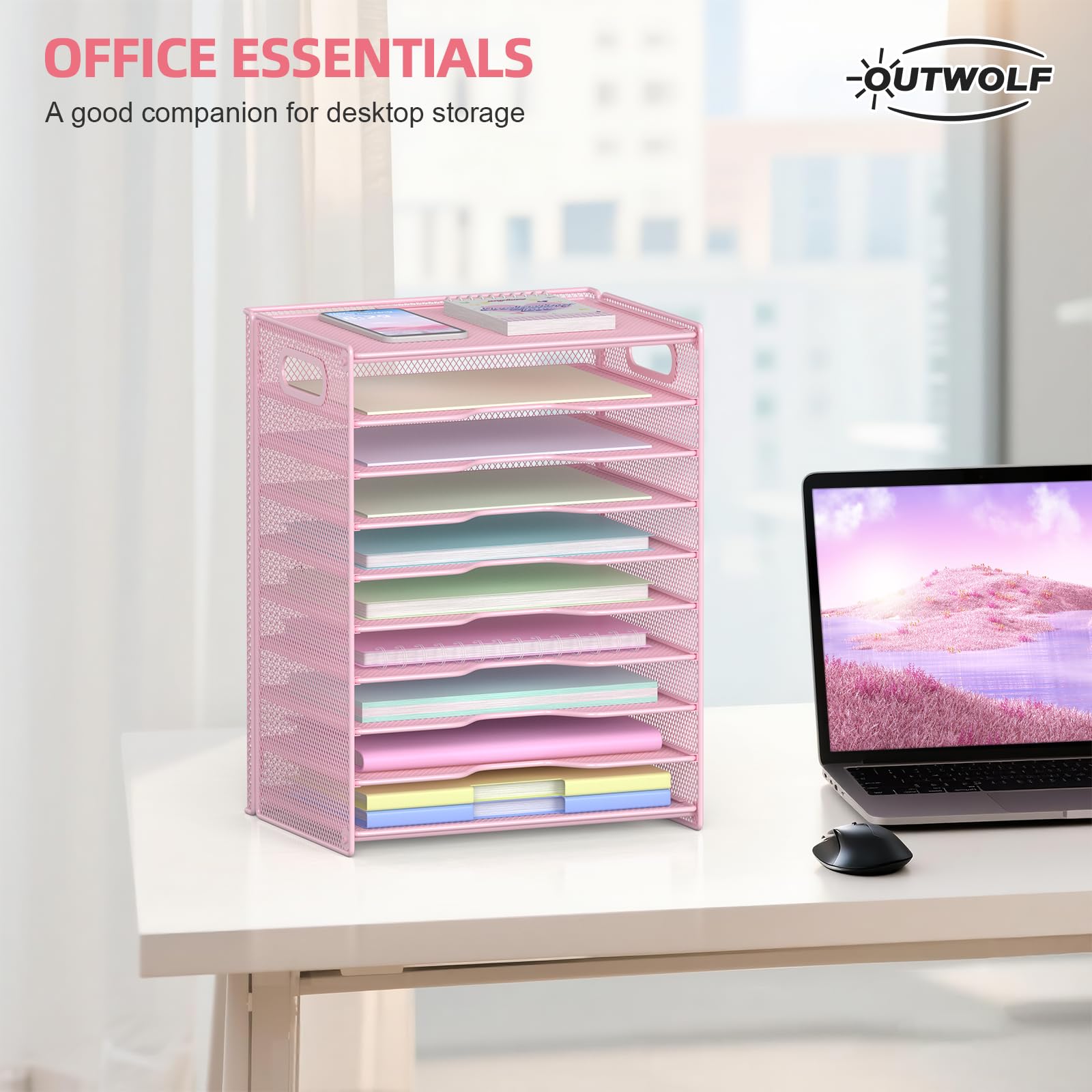 OUTWOLF 10 Tier Paper Organizer - Letter Tray Mesh Desk File Organizer with Handles for Office