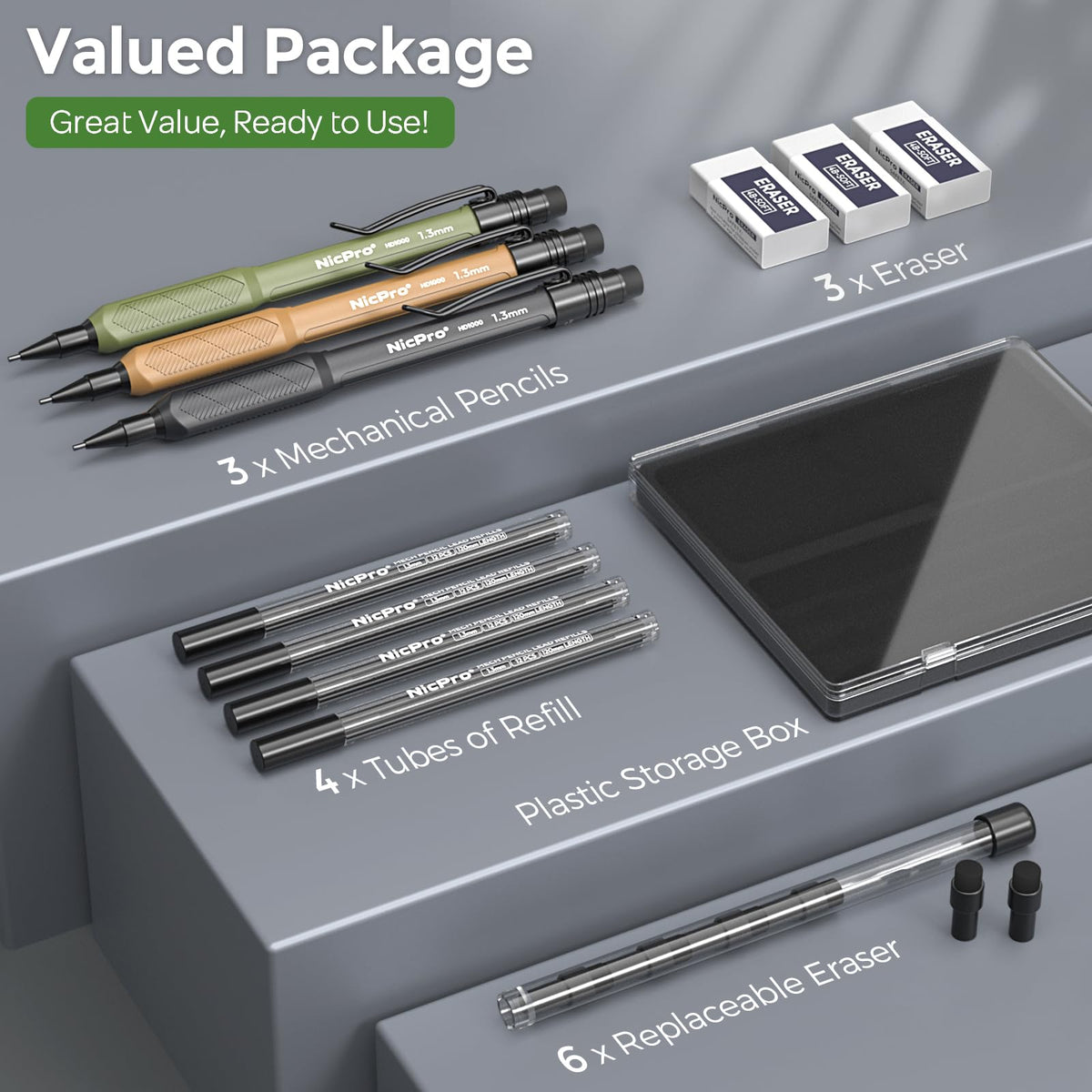 Nicpro 1.3 mm Mechanical Pencils Set 3 Colors, HD1000 1.3 Lead Pencil, 3Pcs