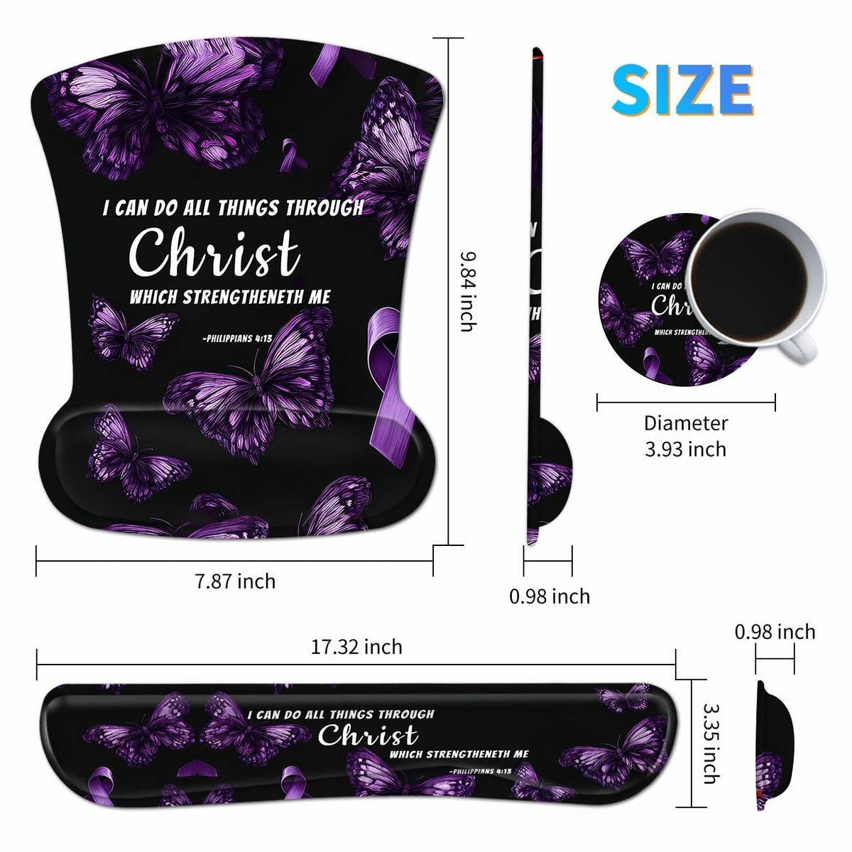 3-in-1 Ergonomic Memory Foam Keyboard Wrist Rest Pad Set, Purple Butterfly