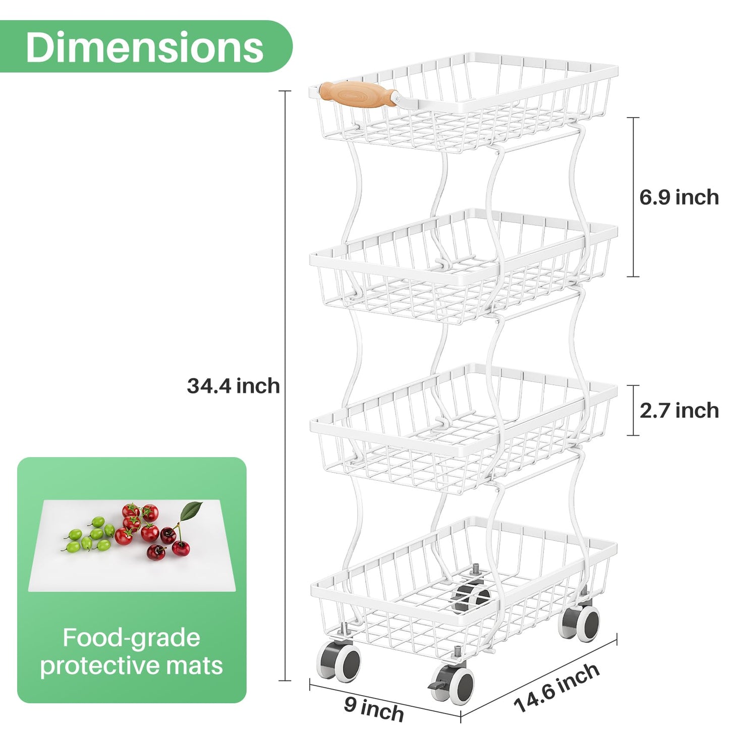 SAYZH 4-Tier Fruit Basket Stand with Vegetable Baskets for Kitchen, White