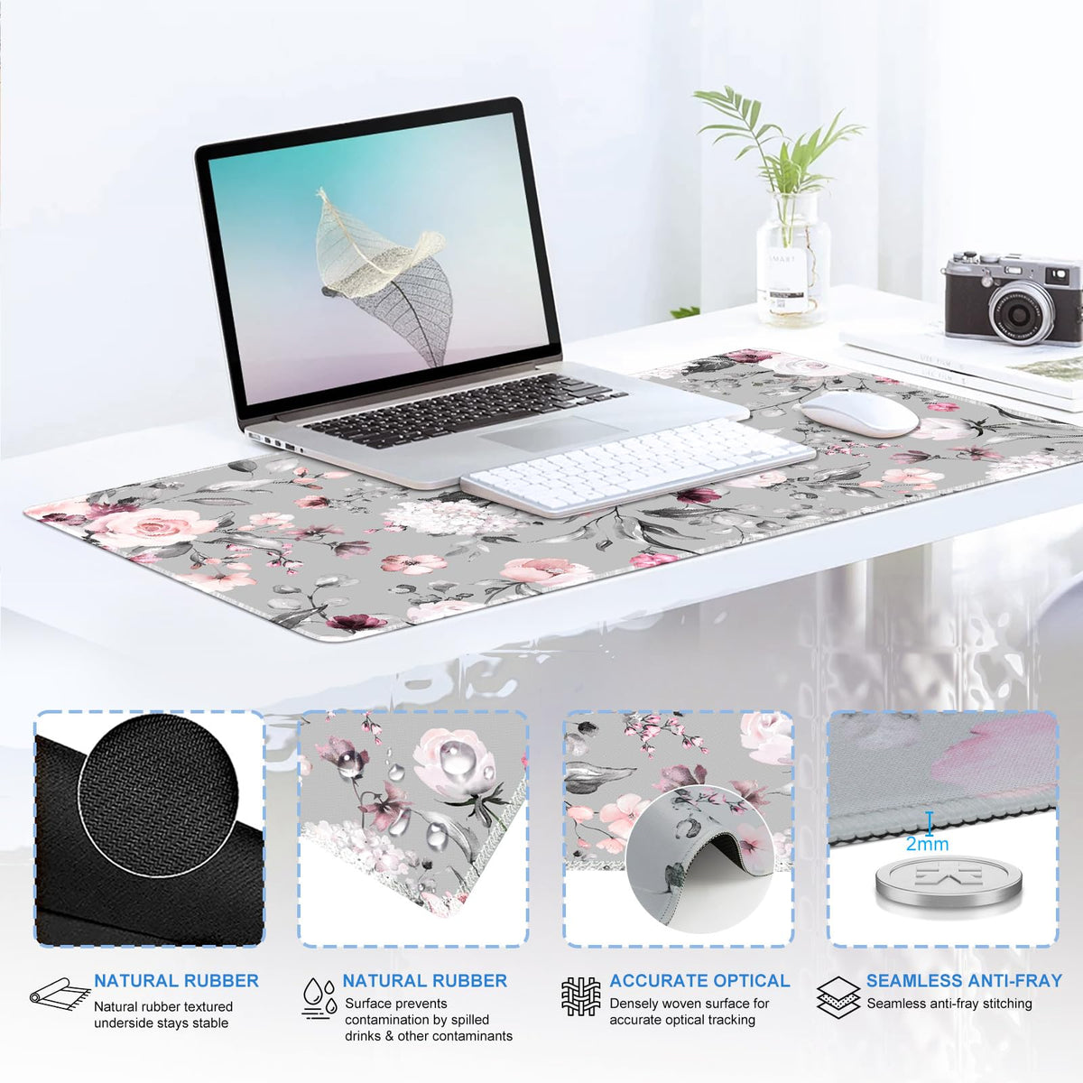 iCasso Desk Blotter for Workspace, Pink Floral 35.4"x15.7" Mousepad