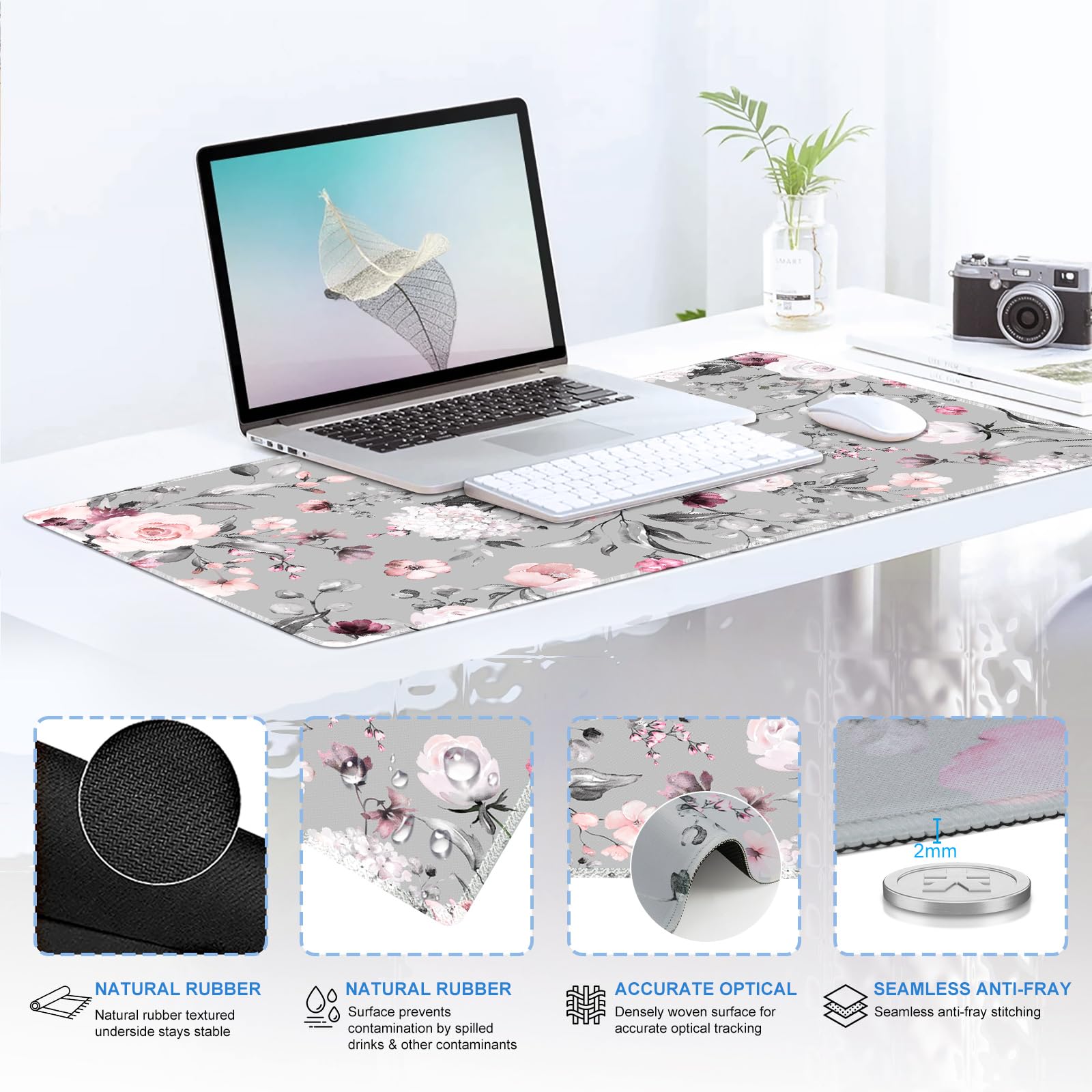 iCasso Desk Blotter for Workspace, Pink Floral 35.4"x15.7" Mousepad