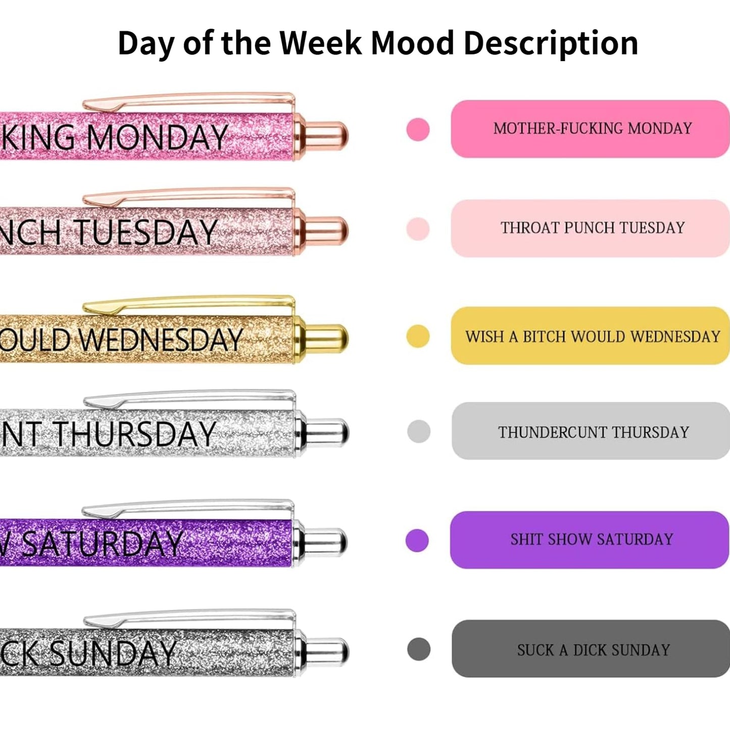 Jxueych 7 Pcs Funny Ballpoint Pen Set Gift for Coworker, Days of The Week Daily Glitter Pen, Black
