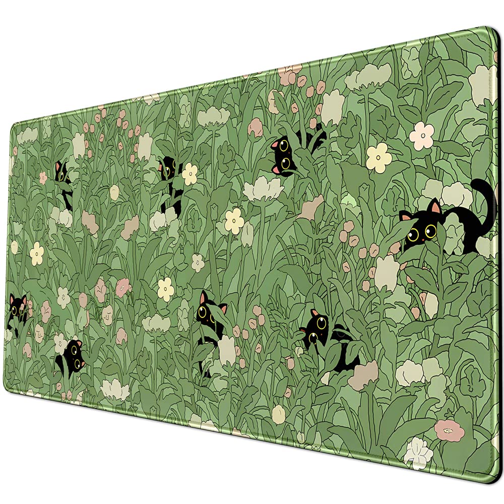 YKJWW Green Desk Mat Cat Cute Flower Plant Cool Desk Pad XXL Keyboard Mat