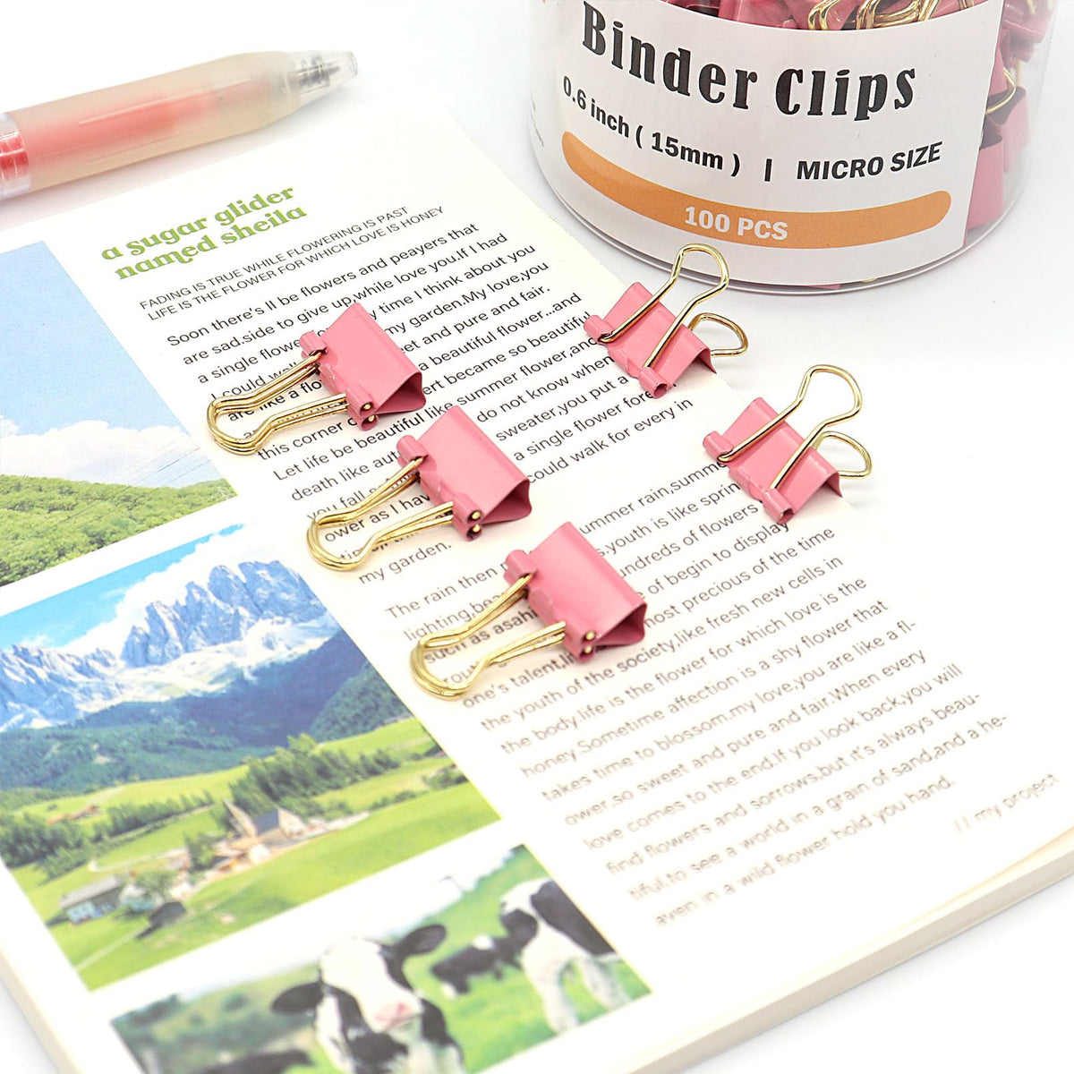 Pink Binder Clips, Gold Handles Mini Paper Clip, Small Paper Clamps 15mm (5/8 inch), 100 Pack Micro