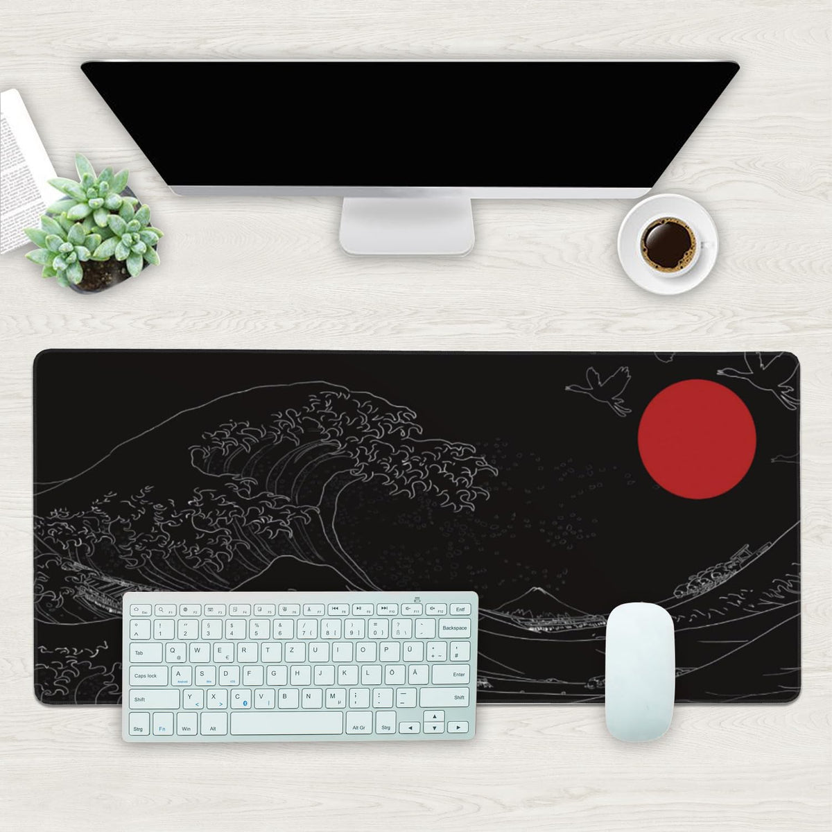 Desk Mat, Black Japanese Style Wave and Red Sun Extended Gaming Mouse Pad Large, 35.4"x15.7" Big