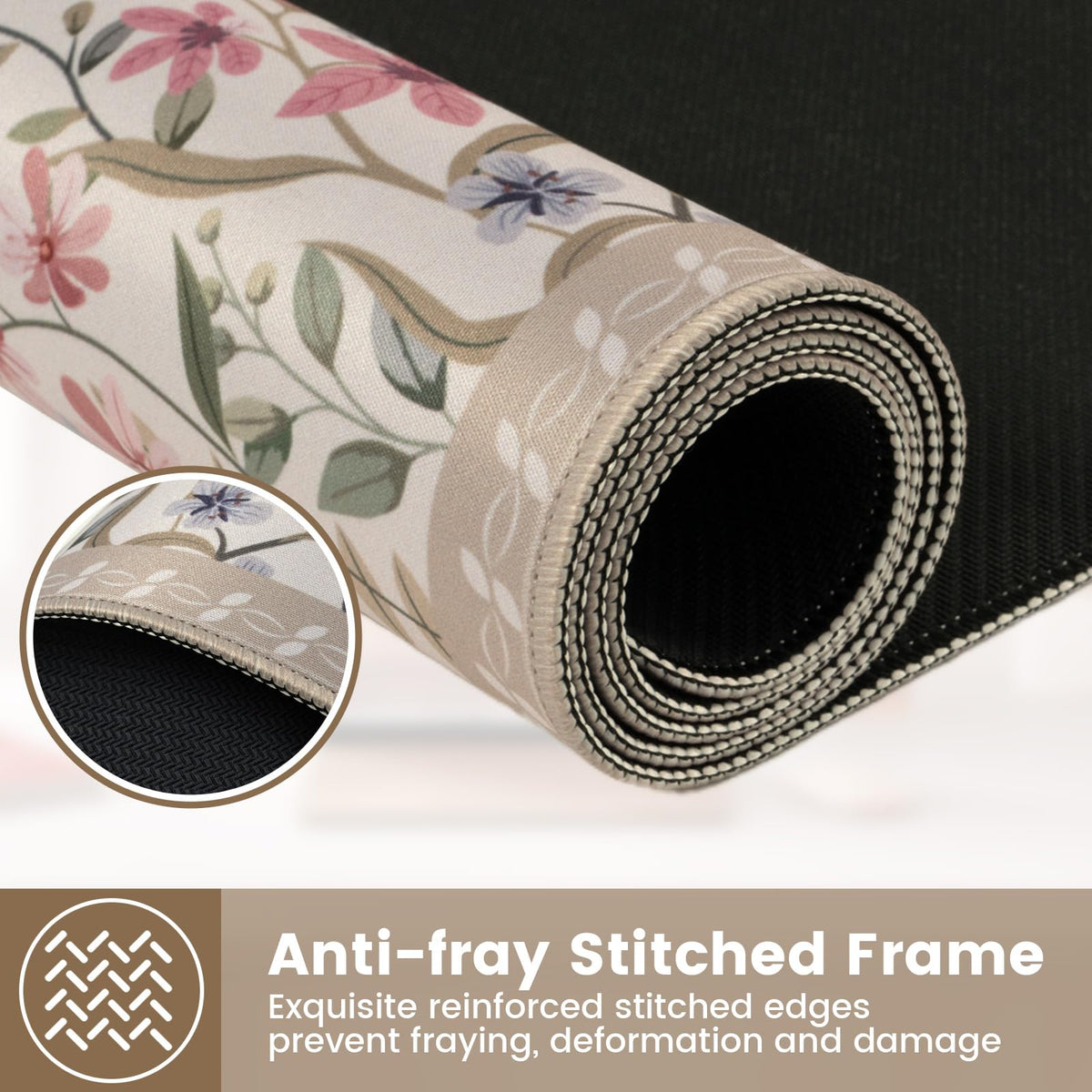 HAOCOO Beige Floral Desk Pad, Large Keyboard Mat Stitched Edge Surface