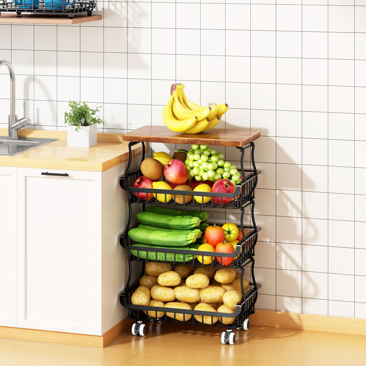4 Tier Vegetable Fruit Basket for Kitchen, Stackable Metal Fruit and Vegetable Storage Baskets with