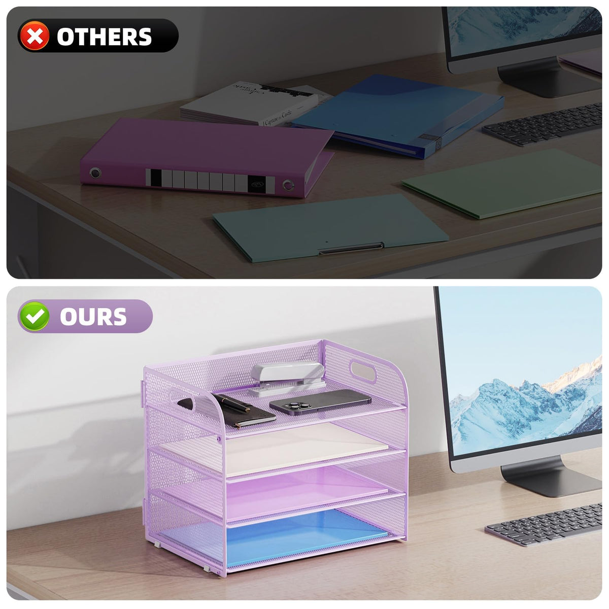 Marbrasse 2 Pack 4 Tier Paper Organizer Letter Tray - Mesh Desk File Organizer with Handle, Paper