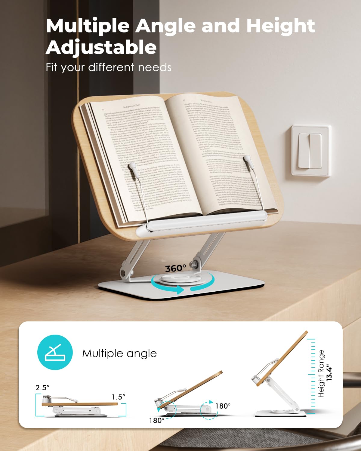 Viozon Book Stand for Reading,Book Holder, Height&Angle Adjustable, 360° Rotating Base, Foldable