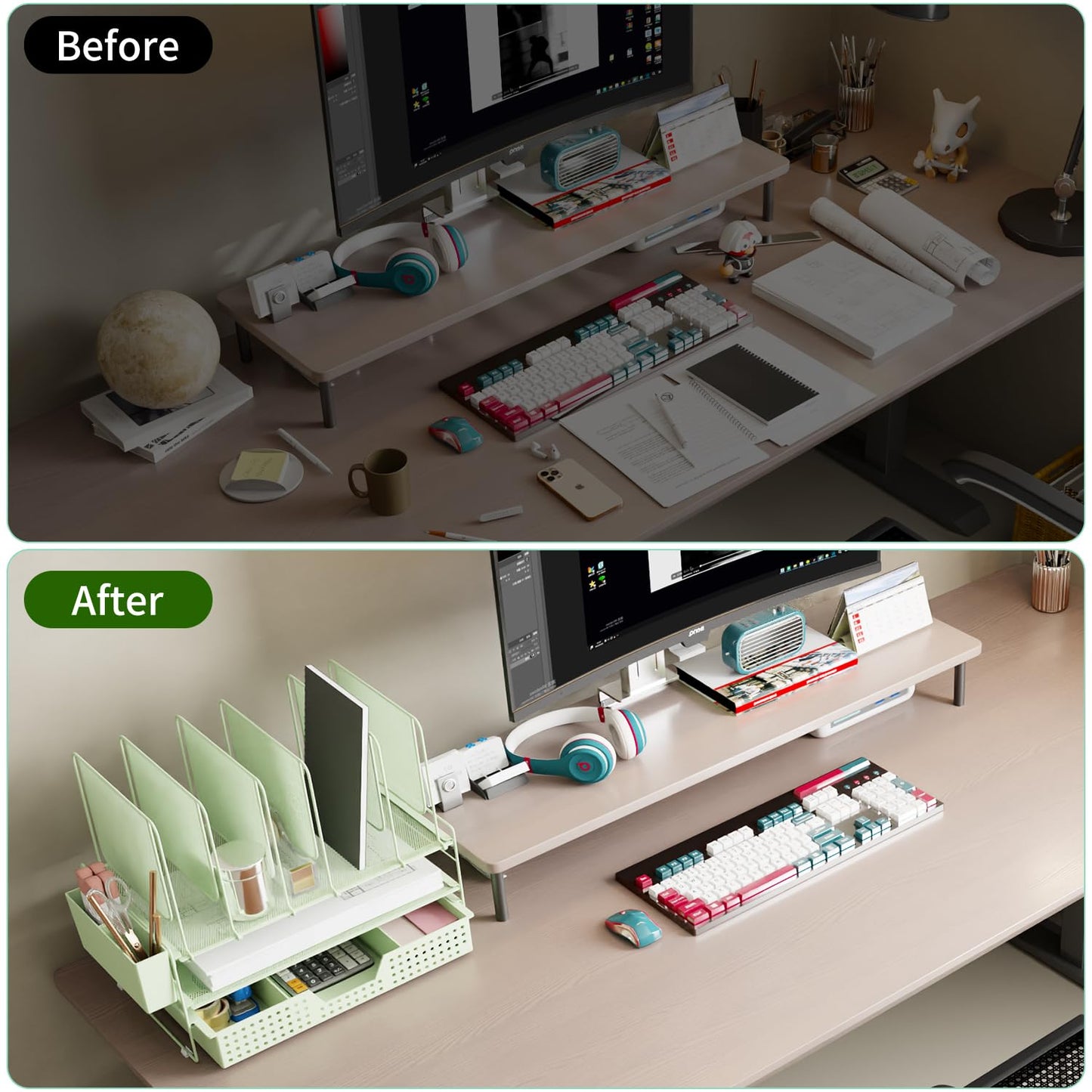 LEKETREE Green Desk Organizer, Office Organization with Vertical File Holder, File Organizer with