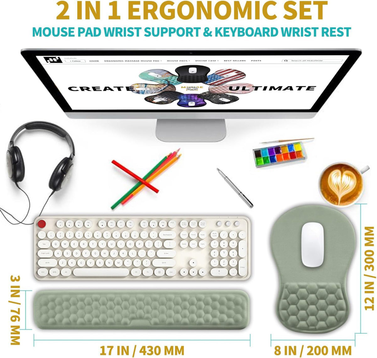Hokafenle 2 in 1 Ergonomic Mouse Pad Wrist Support & Wrist Rest for Computer Keyboard Set, with