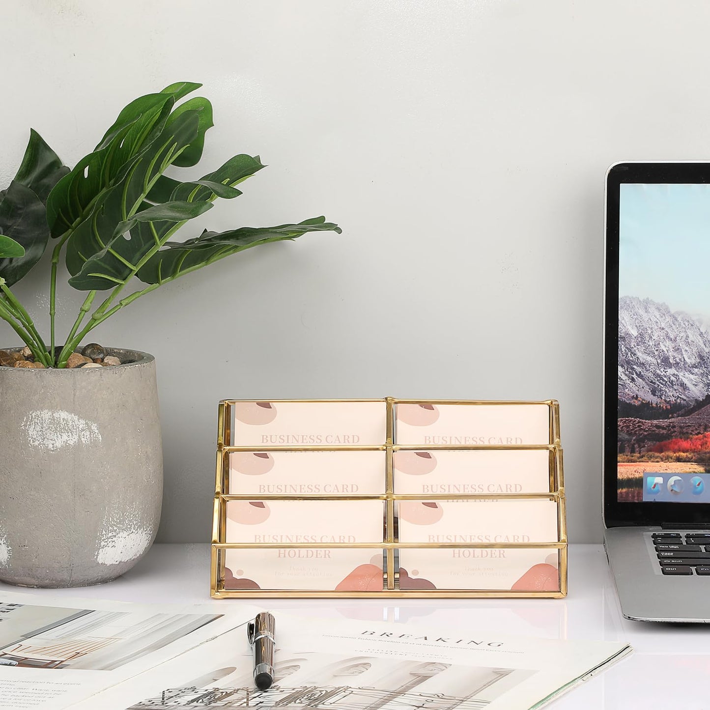 Hipiwe Gold Glass Business Card Holder for Desk, 6-Slot Can Holds 400 Cards