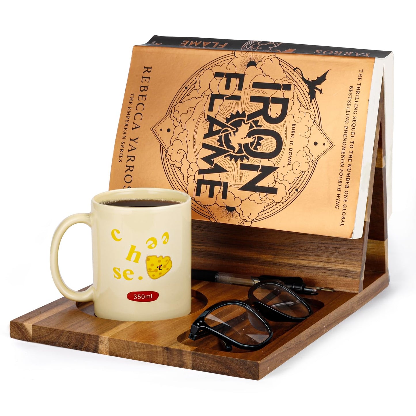 3HQ Wooden Book Stand for Reading Rest, Acacia Triangle Book Holder with Cup, Glasses, Pen & Phone
