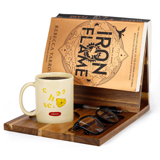 3HQ Wooden Book Stand for Reading Rest, Acacia Triangle Book Holder with Cup, Glasses, Pen & Phone