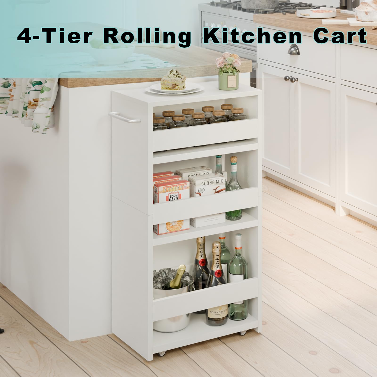 MARTY Slim Rolling Storage Cart, Wood Utility Kitchen Bathroom Laundry Cart