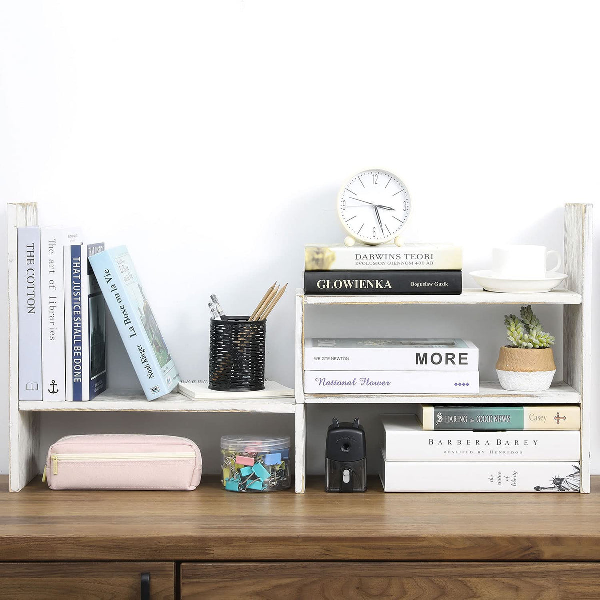 MyGift Adjustable Whitewashed Solid Wood Desktop Storage Organizer Display Shelf Book Rack, Office