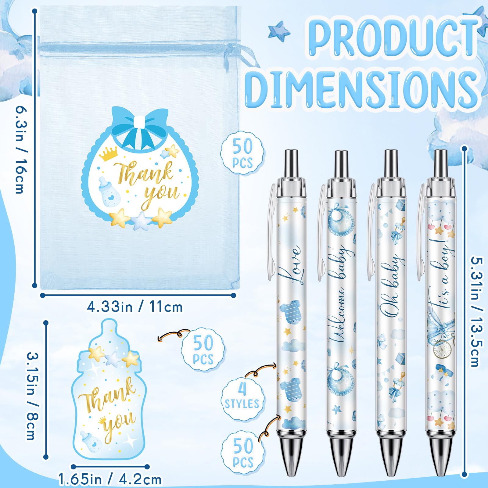 Chuangdi 50 Sets Boy Blue Shower Favors for Guests – 50 Ballpoint Pens with Organza Gift Bags &