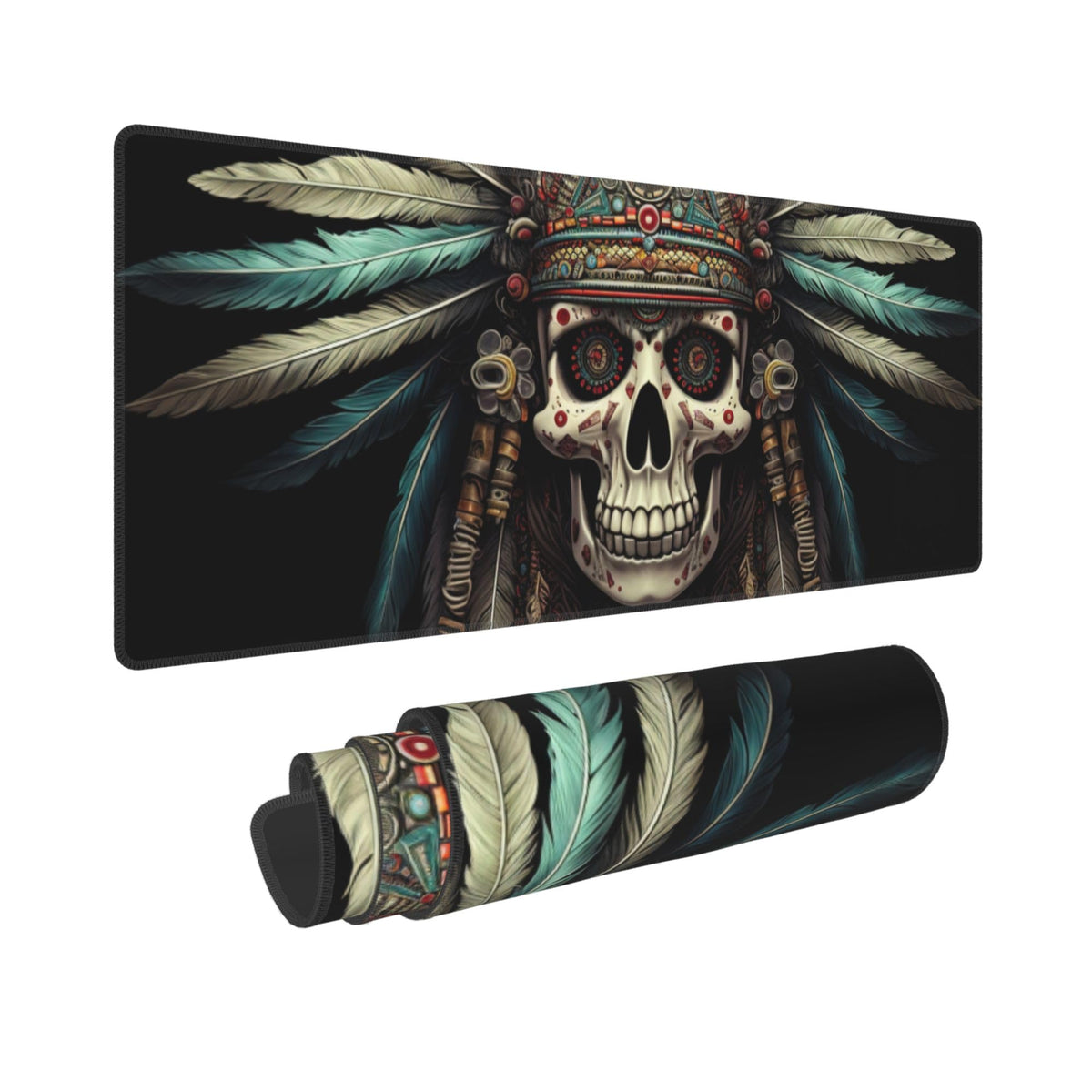 Cute Intricately Decorated Skull with Feather Headdress Pattern Mouse Pad 31.5 x 12 Inch, Non-Slip